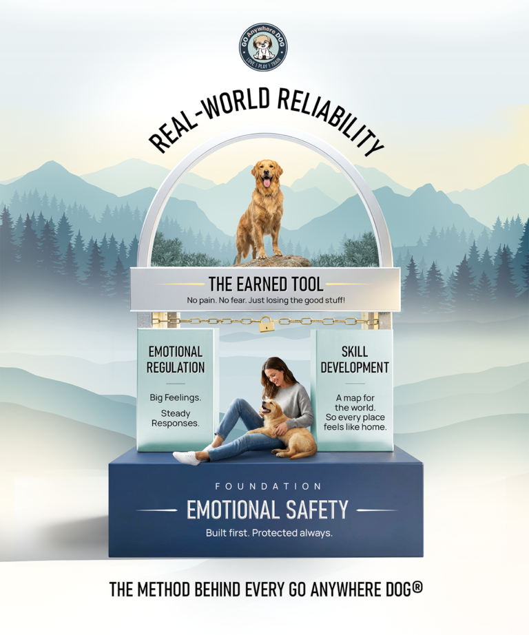Go anywhere dog® training framework showing emotional safety foundation, regulation and skill pillars, and real-world reliability outcome offered across minneapolis, eden prairie, mn & nearby suburbs