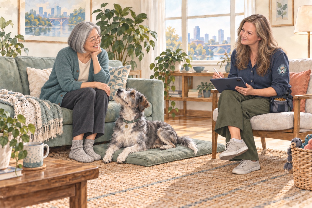 Illustration of a coach offering in-home behavior help while a person sits beside their dog resting on a mat.