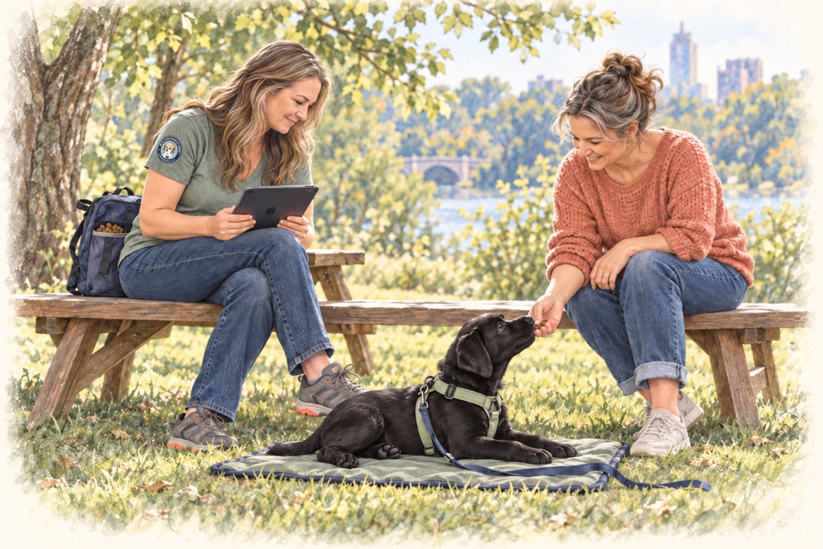 Illustration of Emily coaching a Bloomington puppy parent as a black Labrador settles on a mat outdoors.
