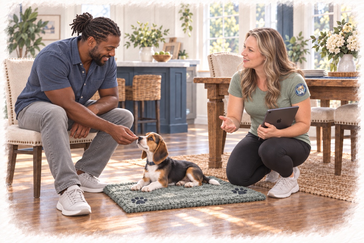 Illustration of Emily coaching a Chaska puppy parent and Beagle, with an iPad.