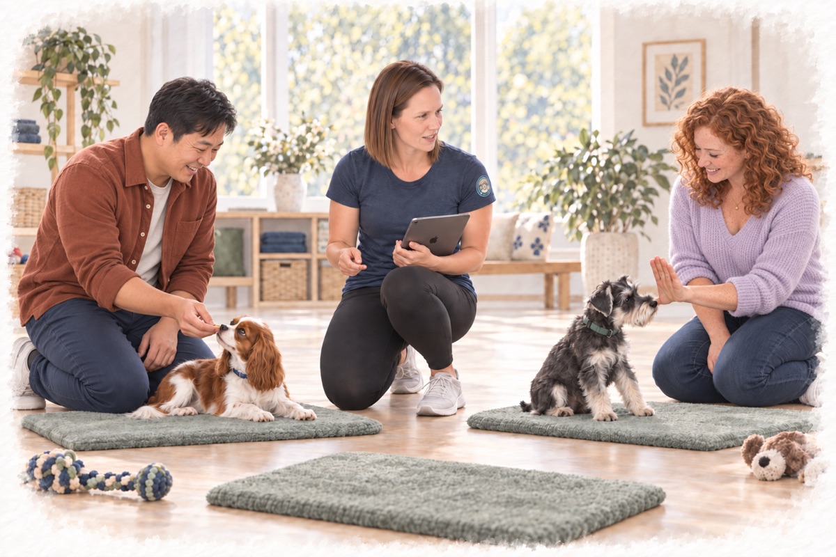 Illustration of Ashley using an iPad while coaching two puppy parents with a Cavalier and Schnauzer on mats.