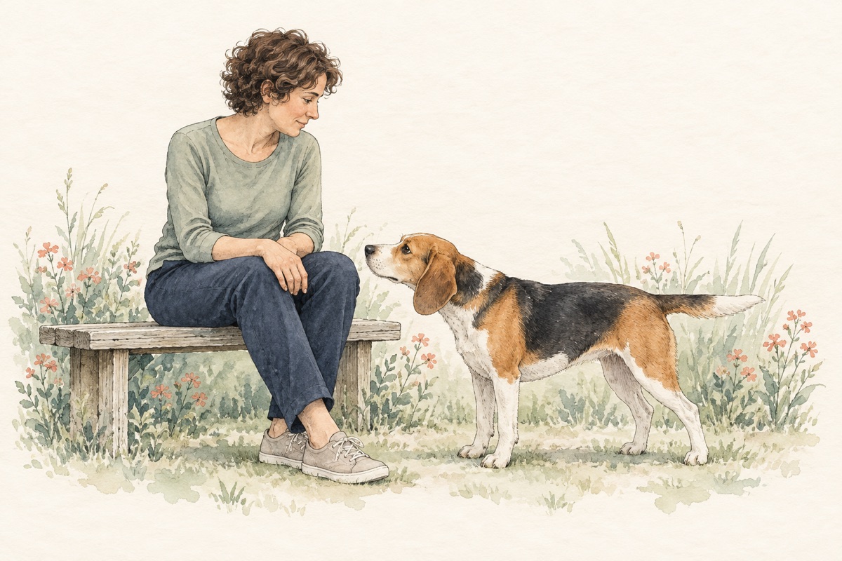 Watercolor illustration of a person quietly observing a beagle that approaches with relaxed body language.
