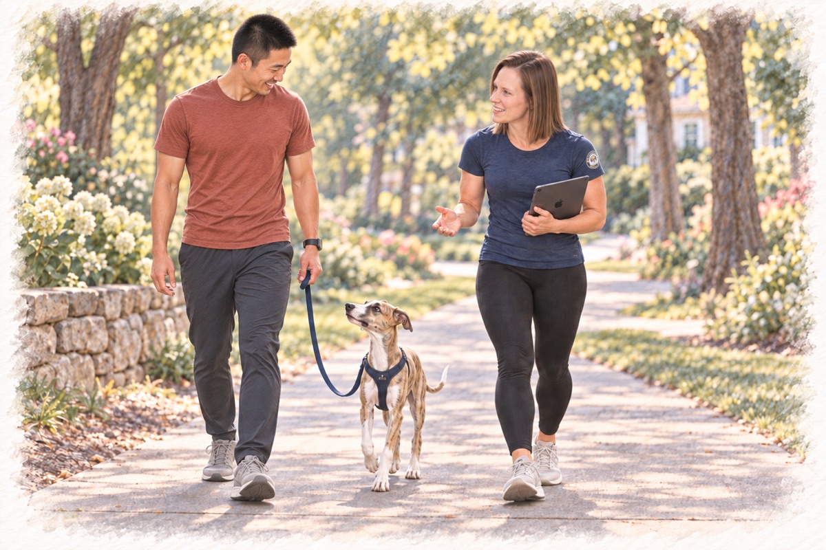 Illustration of Ashley coaching a Golden Valley puppy parent and Whippet, with an iPad.