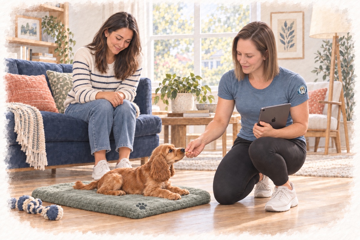 Illustration of a coach rewarding a puppy on a mat while its person watches during in-home puppy training.