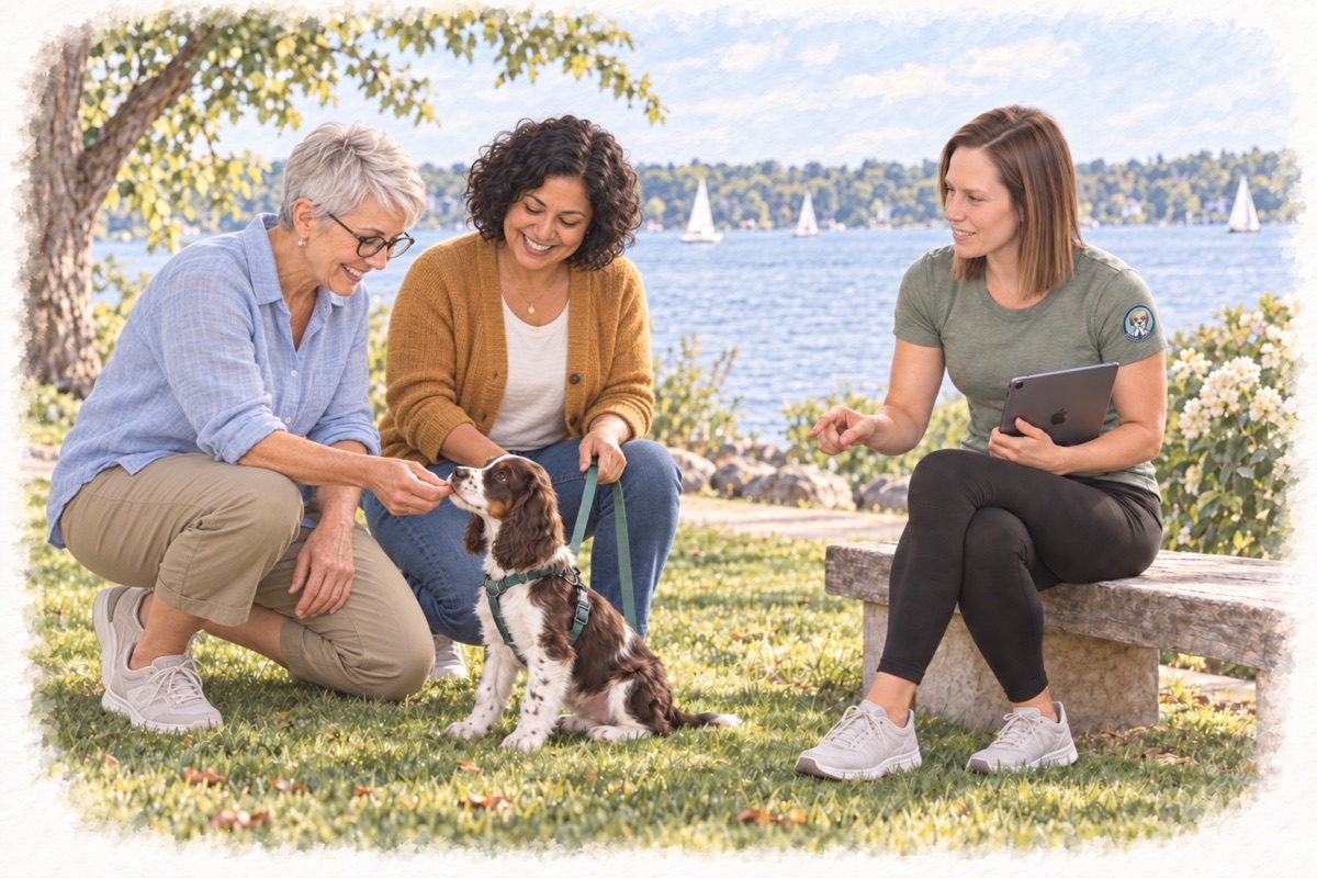 Illustration of Ashley coaching a couple and Springer Spaniel puppy during a lakeside training outing.