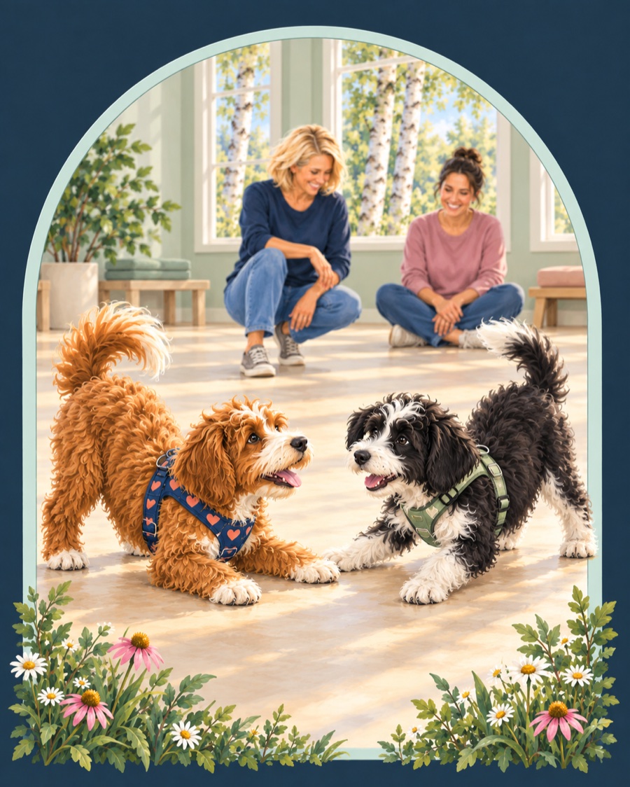 Two puppies play freely while a trainer and learner watch in a welcoming puppy school.