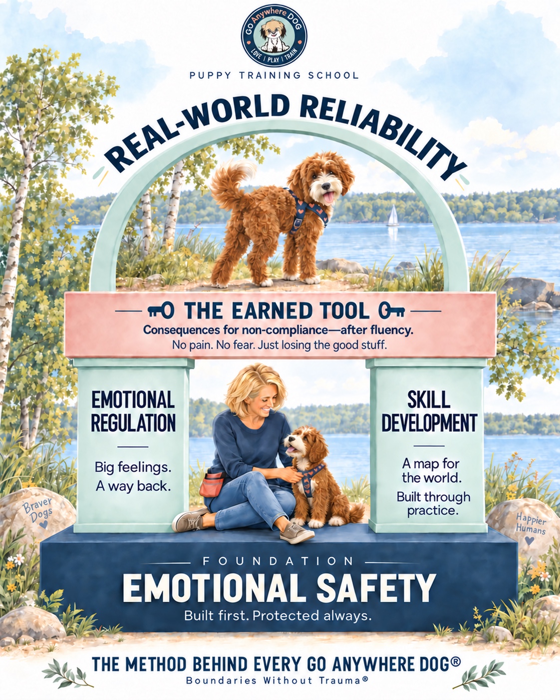 Go Anywhere Dog framework: emotional safety is the foundation; emotional regulation and skill development are two pillars; the earned tool uses deliberate loss-of-access feedback for a missed cue after relevant fluency and with present capacity, without pain, fear or intimidation; real-world reliability is the result.