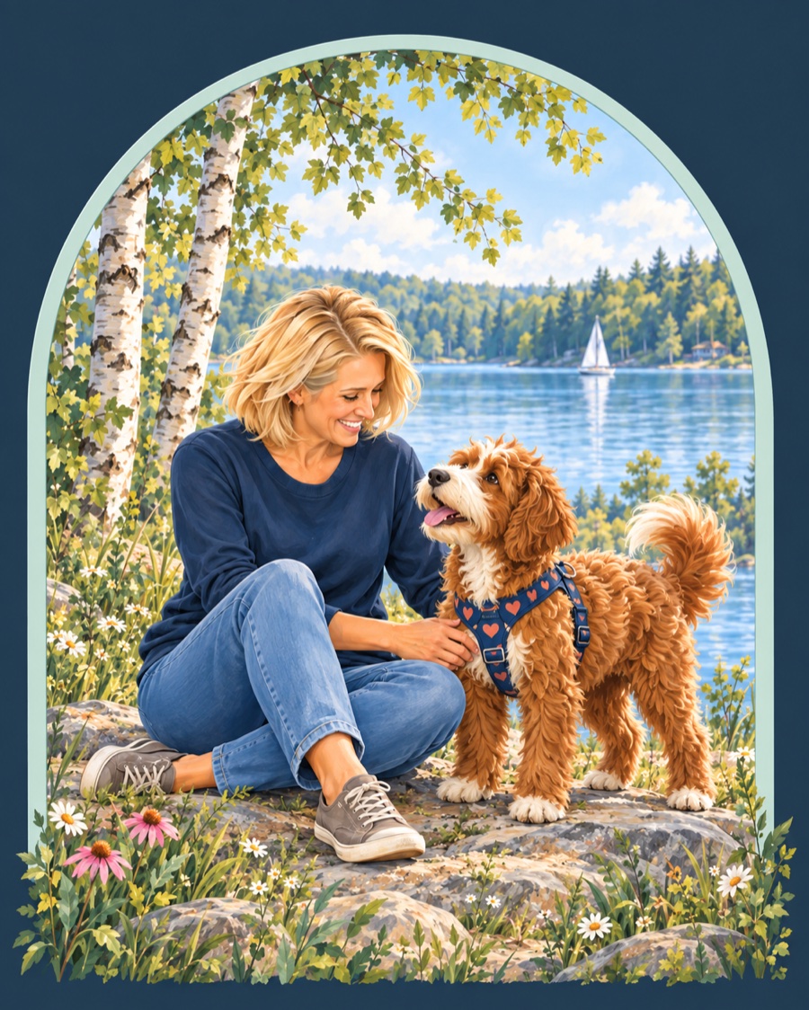 A relaxed puppy and his person connect beside a lake, framed by a sage arch.