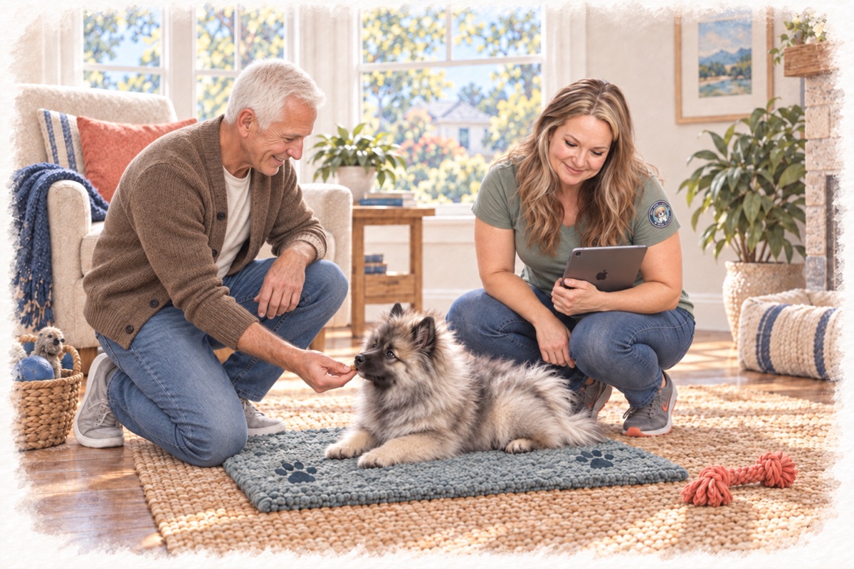 Illustration of Emily coaching a Plymouth puppy parent and Keeshond, with an iPad.