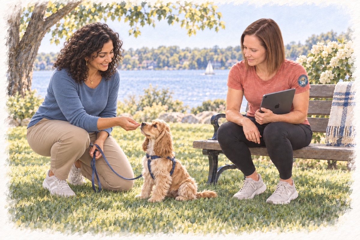 Illustration of Ashley coaching a Prior Lake puppy parent and English Cocker Spaniel, with an iPad.