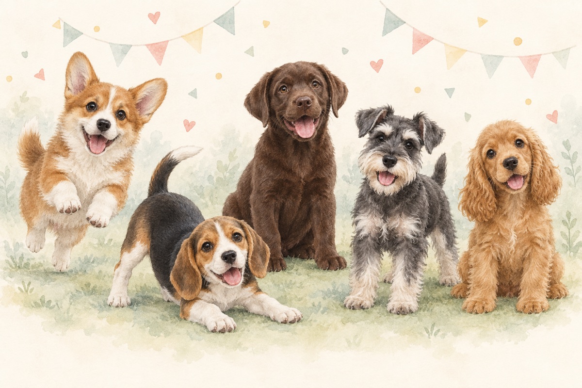 Watercolor illustration of five happy puppies celebrating together beneath pastel bunting.