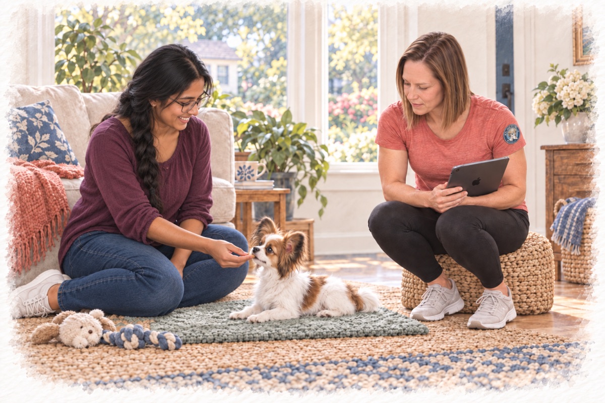 Illustration of Ashley coaching a Richfield puppy parent and Papillon, with an iPad.