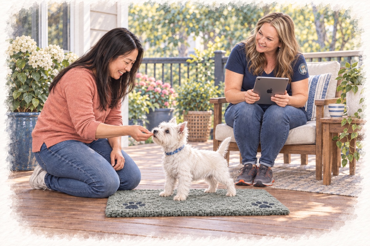 Illustration of Emily coaching a Savage puppy parent and West Highland Terrier, with an iPad.