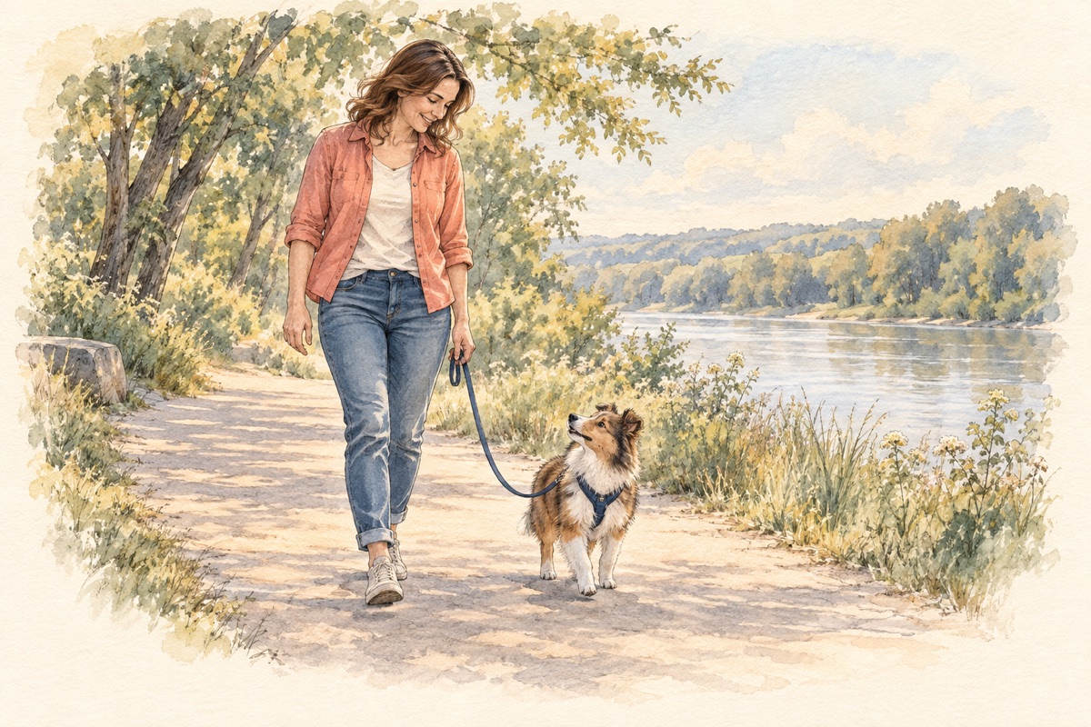 Watercolor illustration of a person and young Sheltie enjoying a relaxed walk beside a Minnesota river.