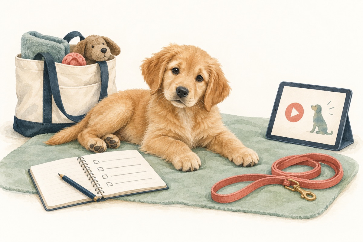 Watercolor puppy resting beside a class bag, homework notebook, tablet lesson, and coral leash.