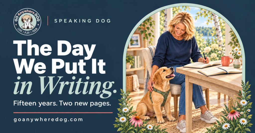 The Day We Put It in Writing — Speaking Dog. Fifteen years of Go Anywhere Dog® Puppy Training School; Jody writes beside a golden puppy.