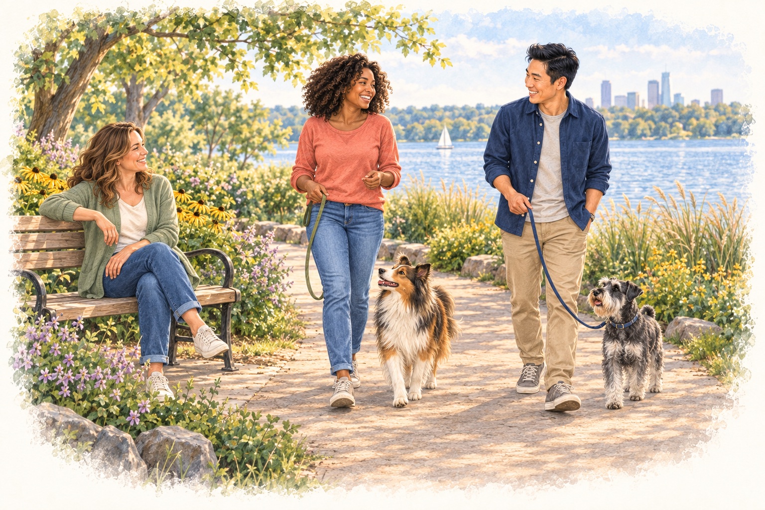 Watercolor illustration of friends enjoying a lakeside walk with a relaxed sheltie and miniature schnauzer.