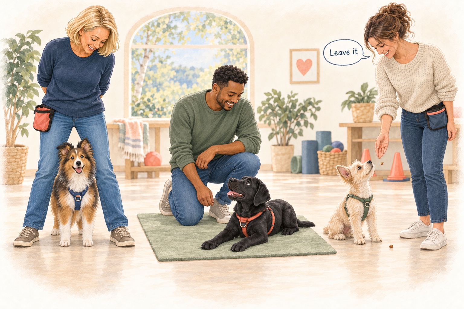Illustration of dogs and their people practicing peek-a-boo, settling on a mat, and leave it in life skills 101.