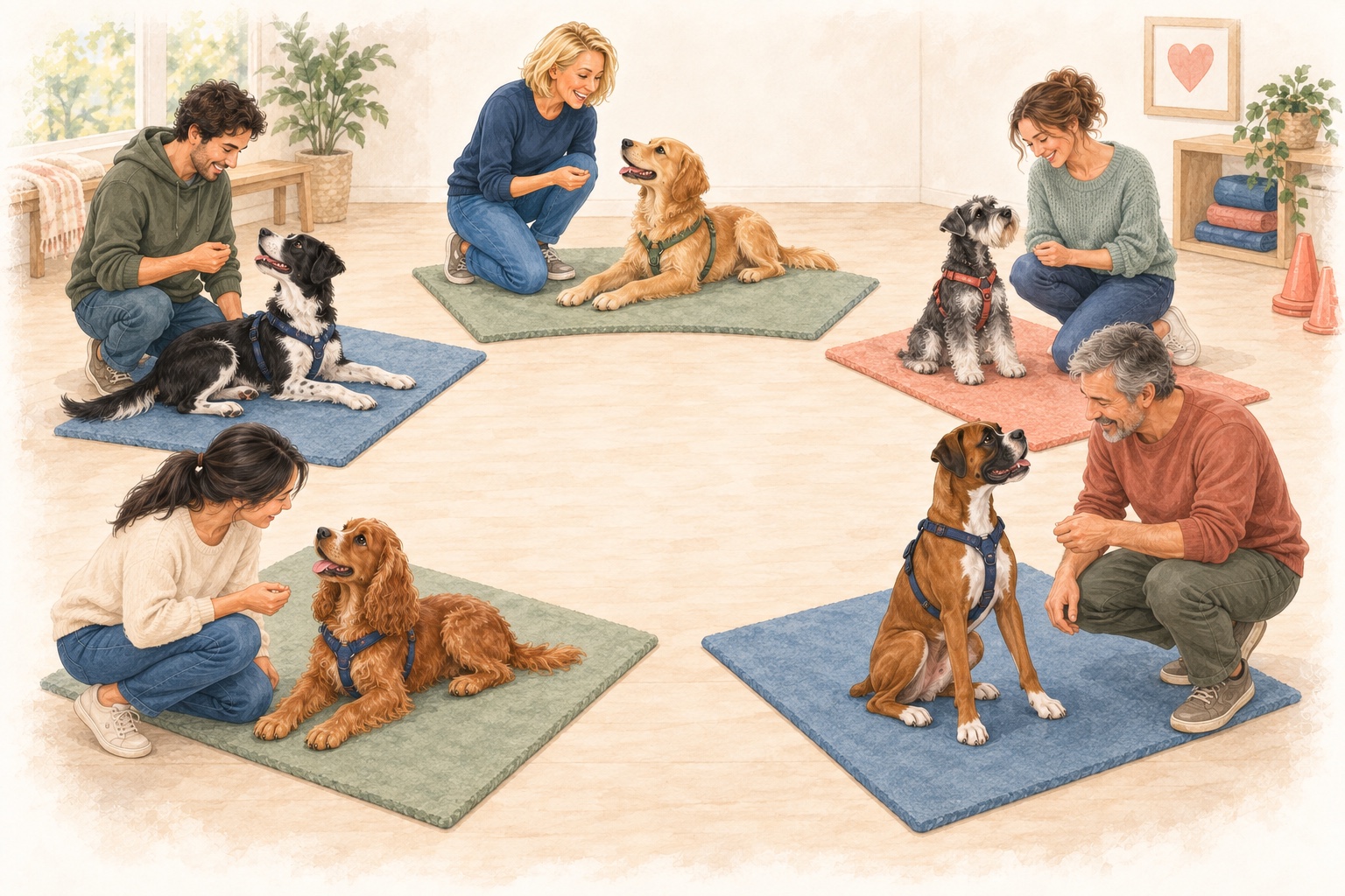 Five adolescent dogs and their people practicing on training mats arranged in a circle.