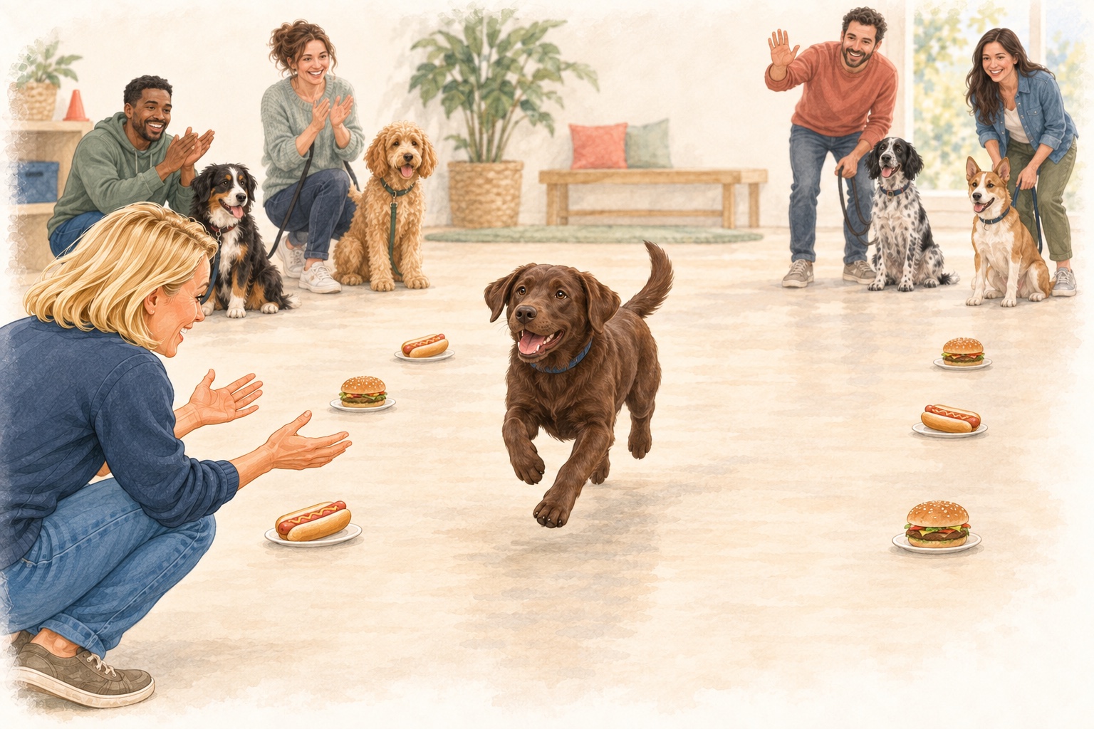 An adolescent dog running toward their person between two rows of hot dogs and hamburgers, with classmates cheering from the sidelines.