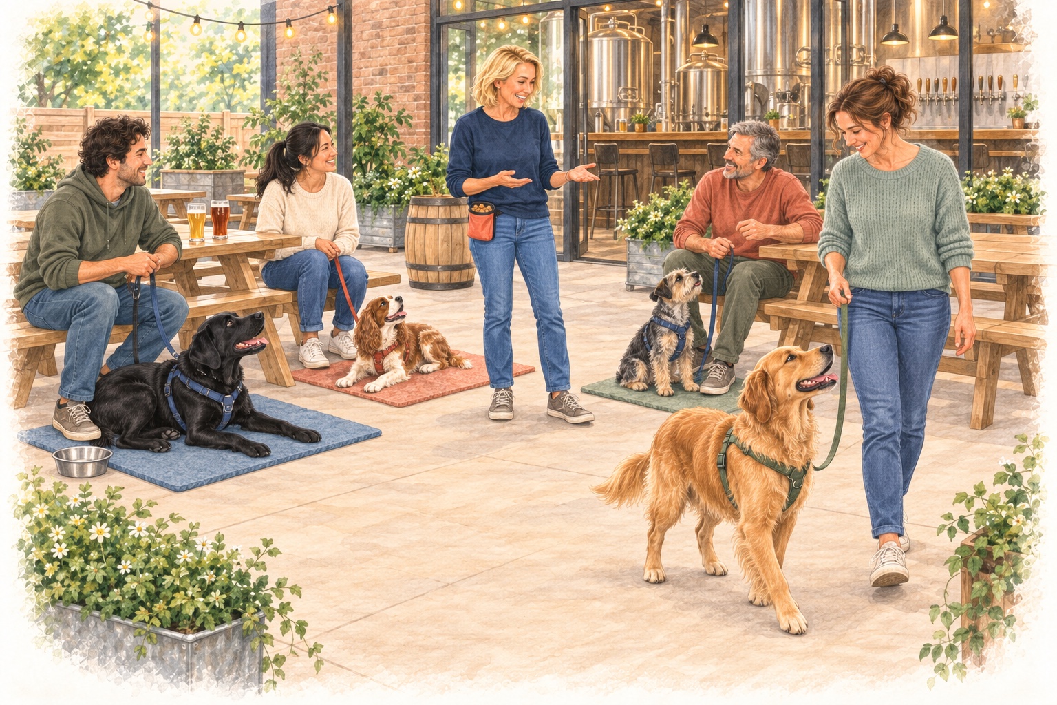 Gad illustration of people and dogs practicing comfortable settling and loose-leash skills on a brewery patio.