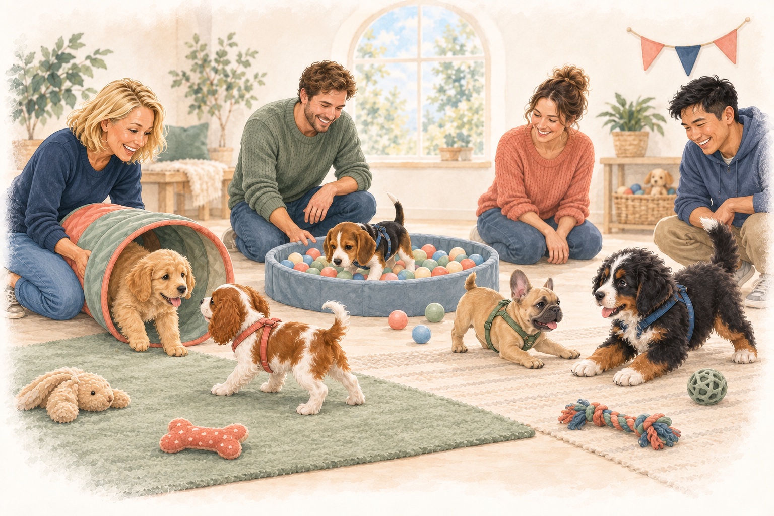 Illustration of puppies exploring a tunnel and ball pit with their people during a puppy & me class.