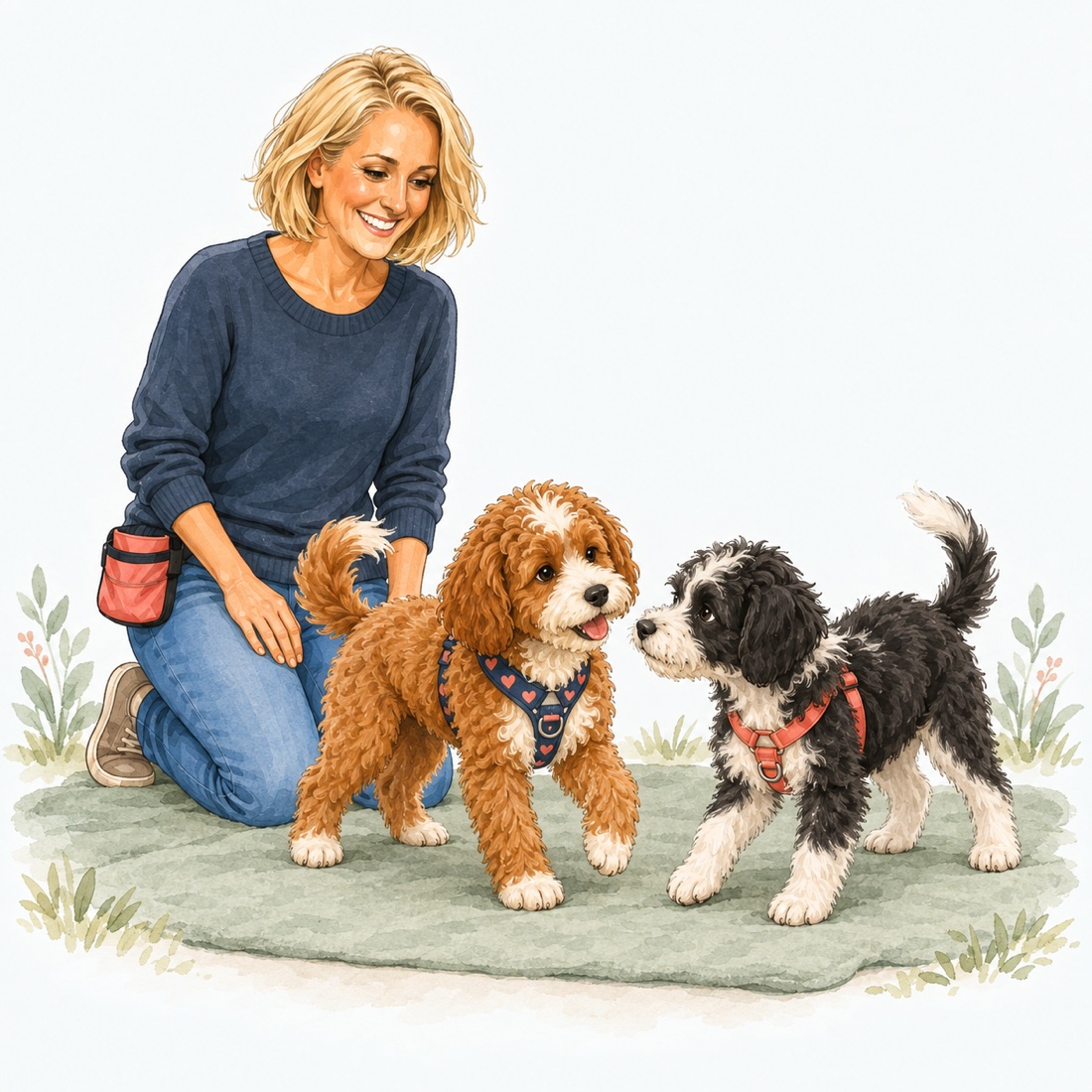 Watercolor illustration of Jody watching Nala and a black-and-white puppy greet each other.