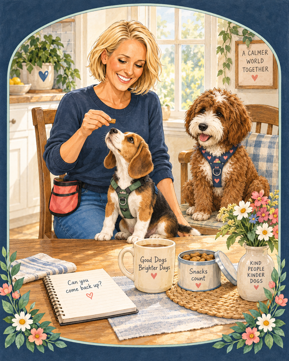 Jody offers a snack to a curious beagle puppy beside Nala at a sunlit kitchen table.