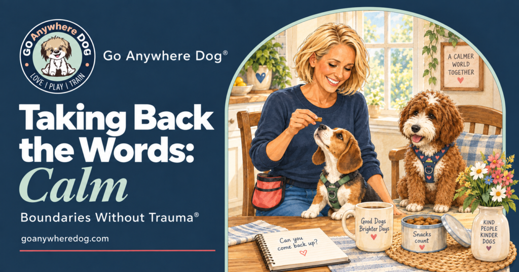 Taking Back the Words: Calm — calm puppy training at Go Anywhere Dog® Puppy Training School. Jody offers a snack to a curious beagle puppy beside Nala at a sunlit kitchen table.