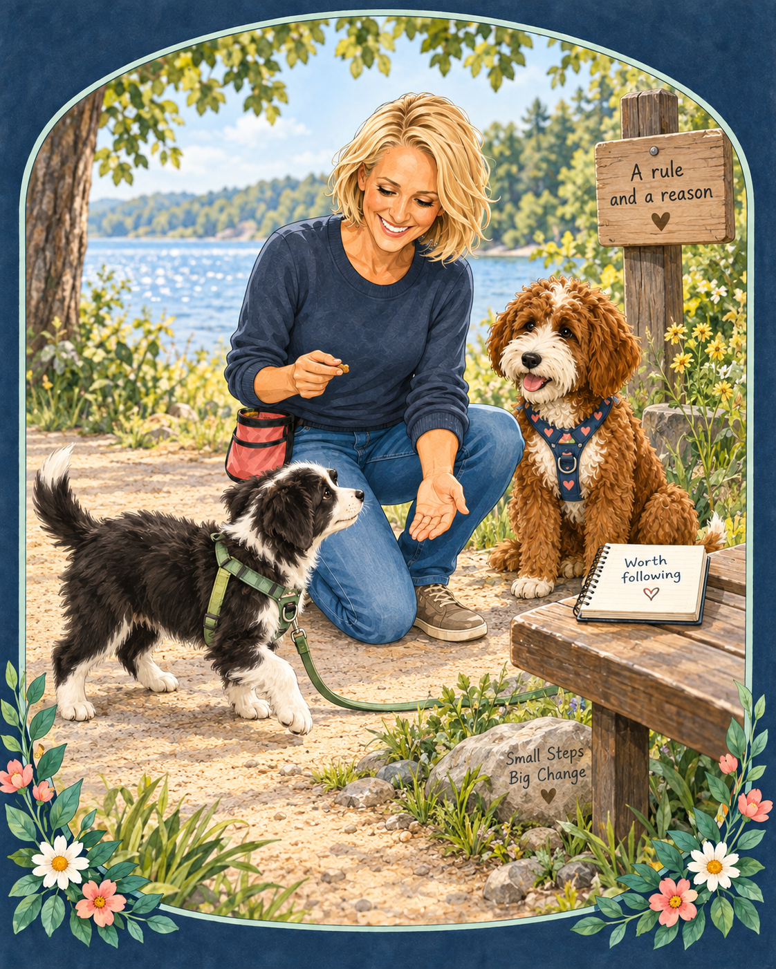 Jody invites a border collie puppy to check in beside Nala on a lakeside path.