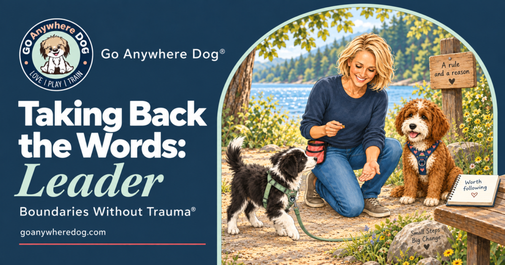 Taking Back the Words: Leader — leadership in dog training at Go Anywhere Dog® Puppy Training School. Jody invites a border collie puppy to check in beside Nala on a lakeside path.