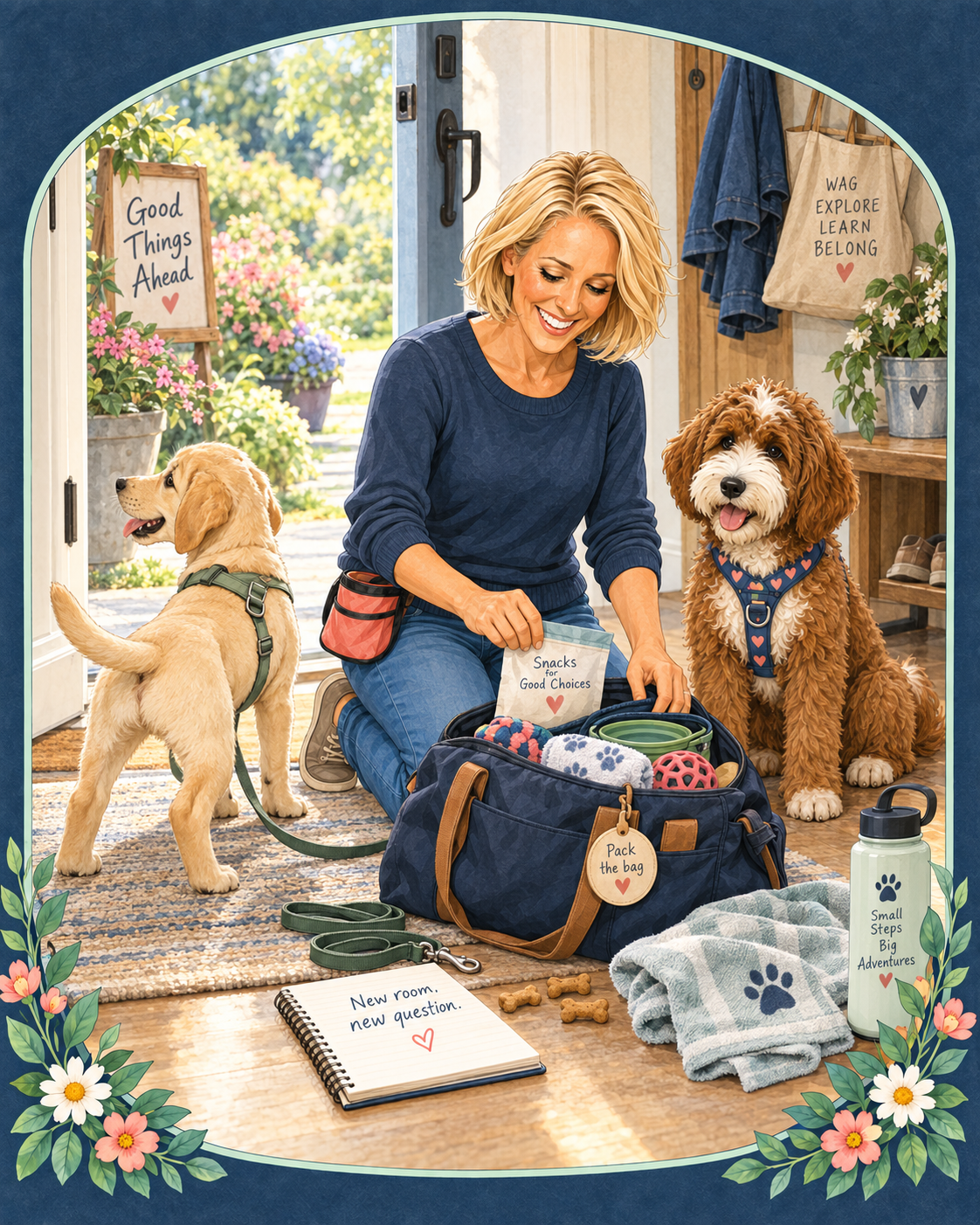 Jody packs an outing bag with snacks and toys while a Labrador puppy and Nala wait by the door.