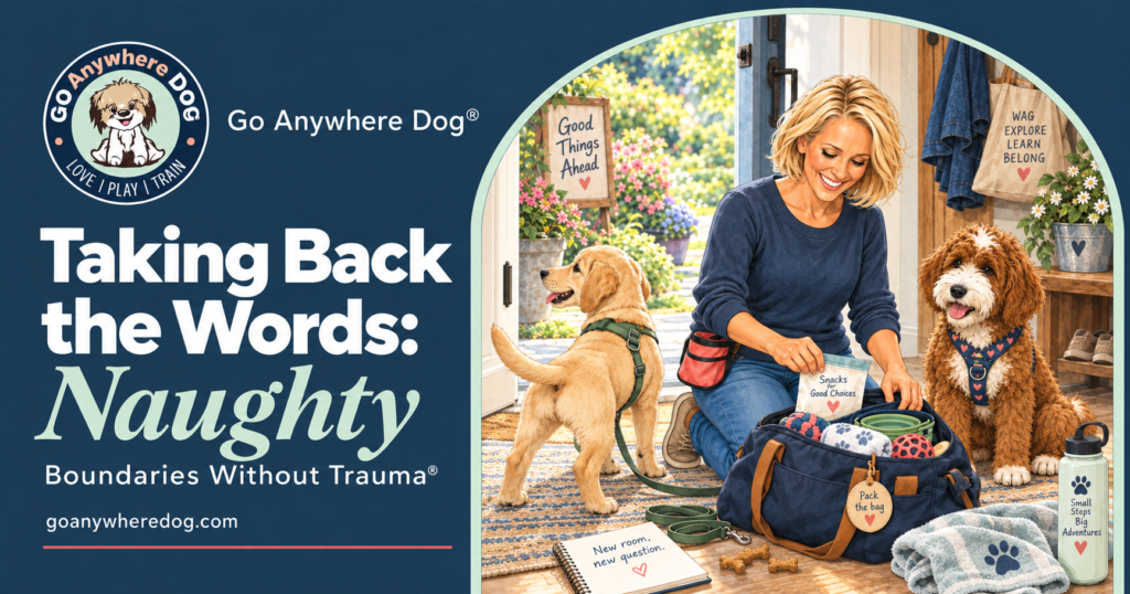 Taking Back the Words: Naughty — naughty puppy behavior at Go Anywhere Dog® Puppy Training School. Jody packs an outing bag with snacks and toys while a Labrador puppy and Nala wait by the door.