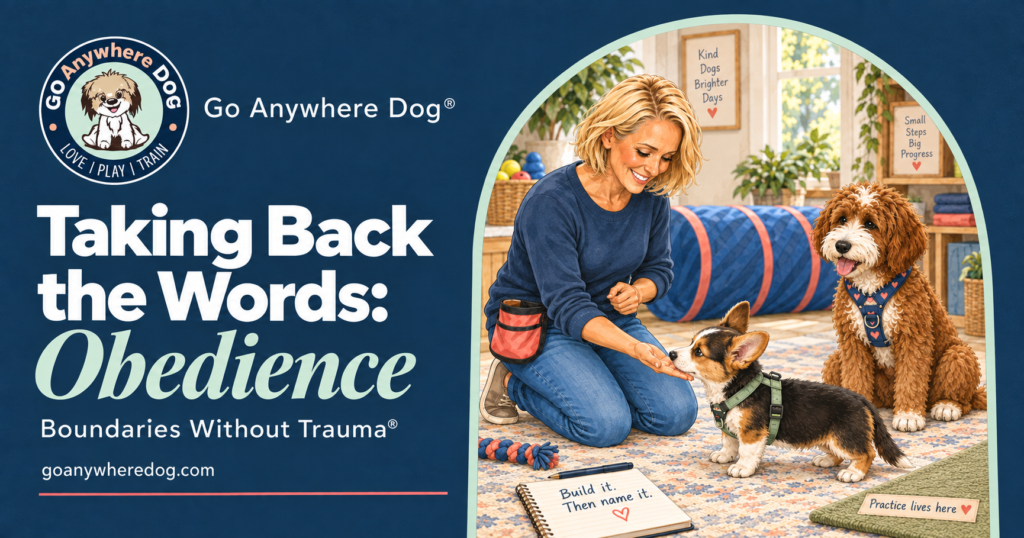 Taking Back the Words: Obedience — dog obedience training at Go Anywhere Dog® Puppy Training School. A corgi puppy practices a nose-to-hand touch with Jody while Nala watches in a welcoming classroom.