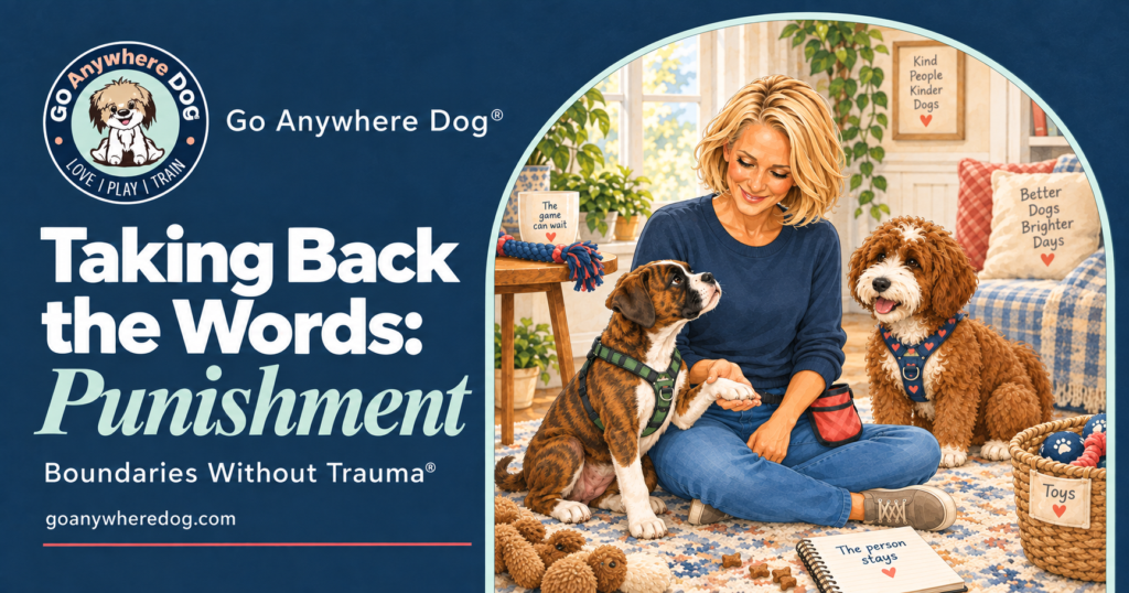 Taking Back the Words: Punishment — punishment in dog training at Go Anywhere Dog® Puppy Training School. Jody stays connected with a boxer puppy beside Nala while a tug toy rests on a nearby table.