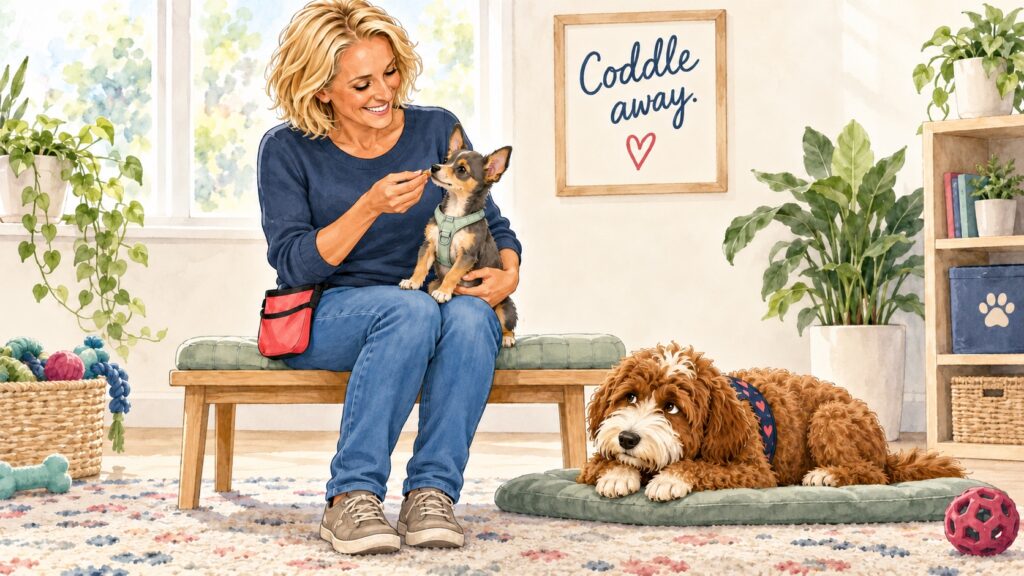 Jody comforts a tiny Chihuahua puppy beside her lap in a bright classroom while Nala rests nearby; a sign reads Coddle away.