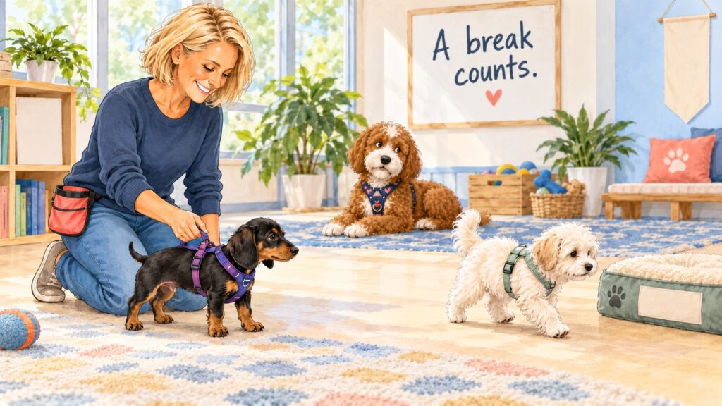Jody gently pauses a dachshund puppy by the harness while a Havanese puppy chooses a break; Nala watches nearby.