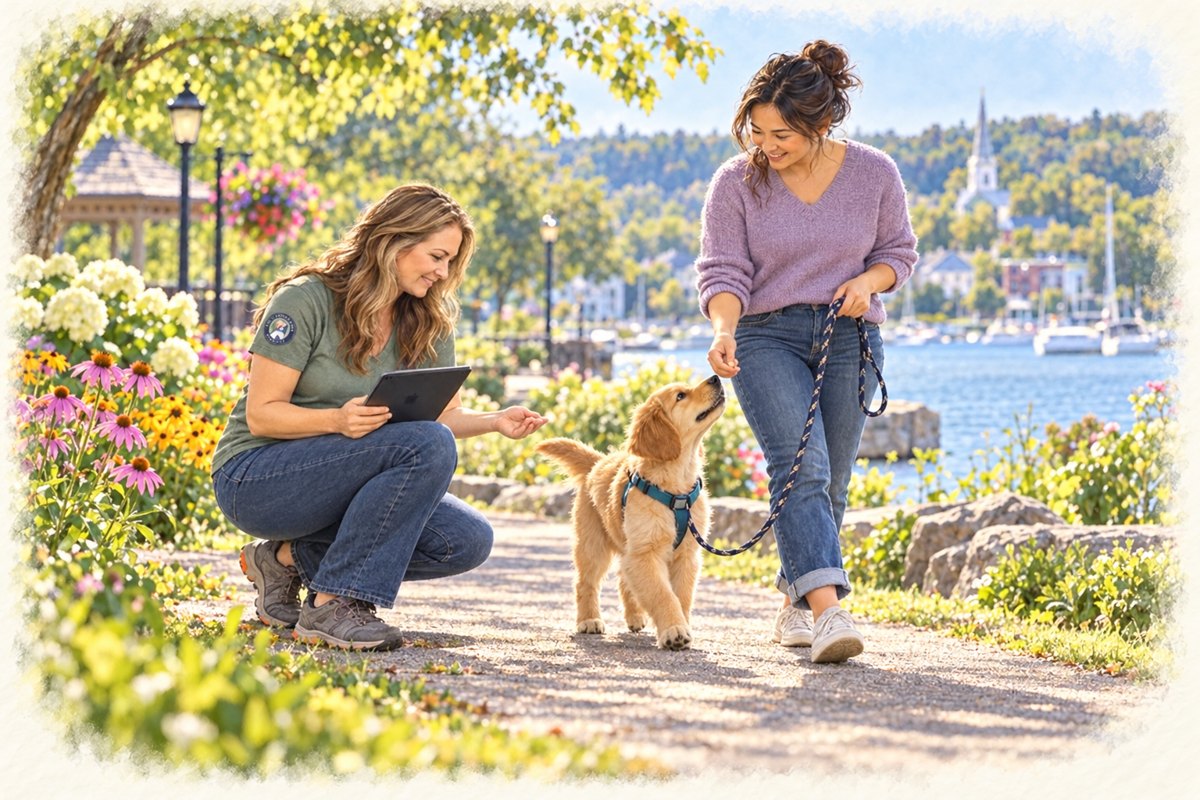 Watercolor illustration of Emily helping a dog and family practice everyday skills in Excelsior.