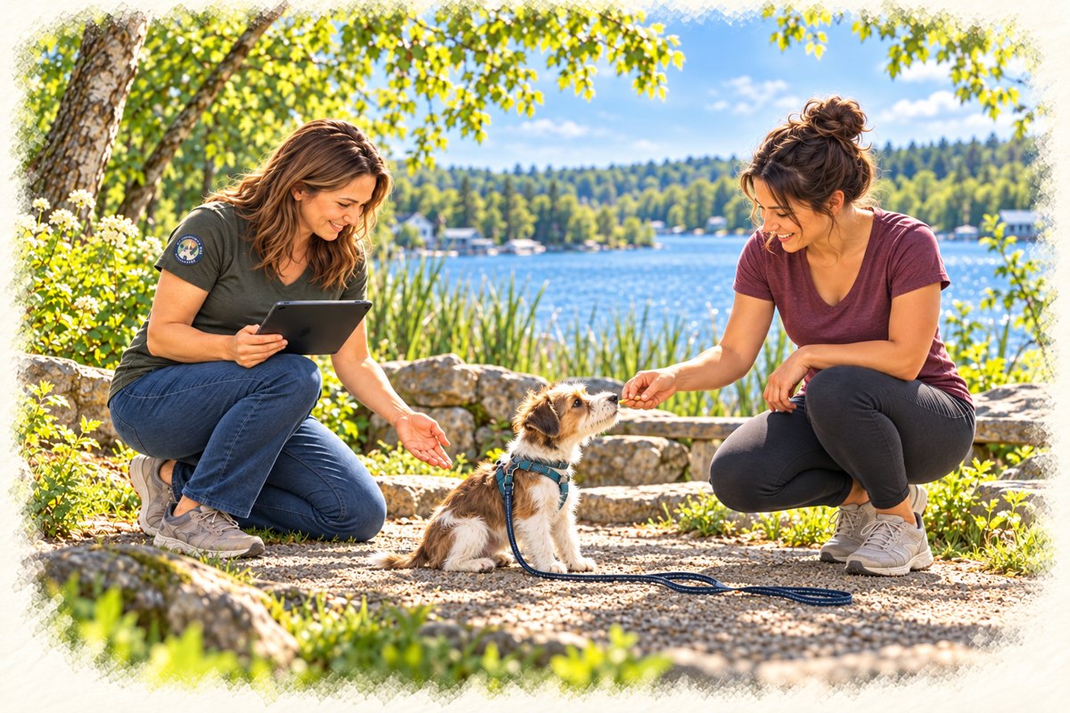 Watercolor illustration of Emily helping a dog and family practice everyday skills in Long Lake.