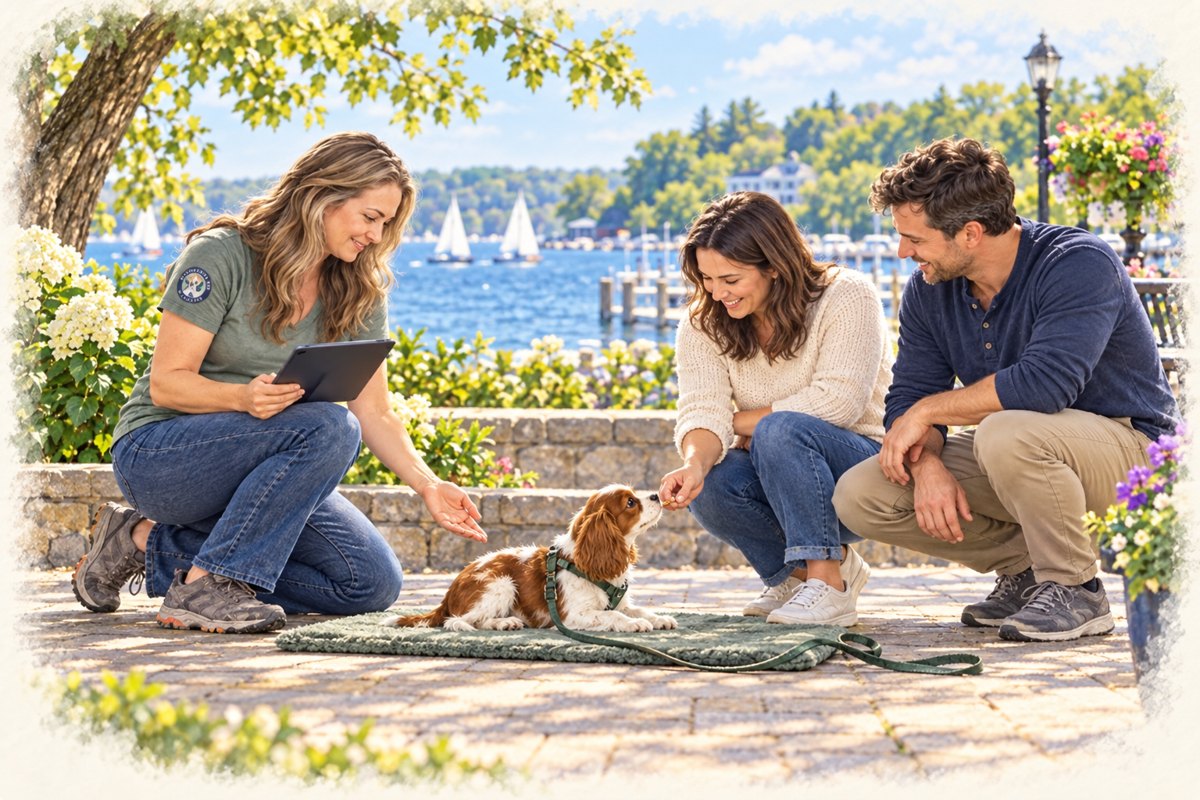 Watercolor illustration of Emily helping a dog and family practice everyday skills in Wayzata.