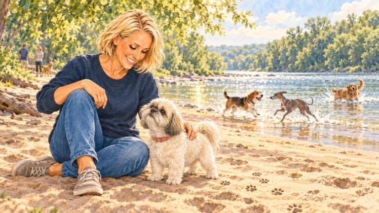 Illustration of Jody with Buddha, her small Shih Tzu, on the sandy riverbank at Minnehaha dog park as dogs play in the water.