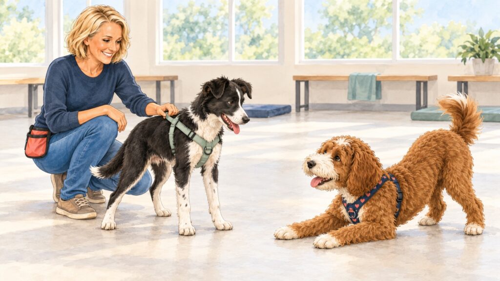 Jody gently pauses an adolescent puppy while Nala chooses to return with a play bow during a supervised dog play consent test.