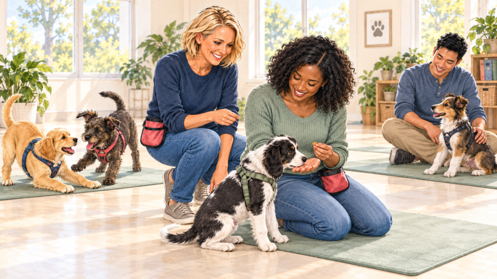 Illustration of Jody coaching a parent and puppy during skill practice while classmates play at Go Anywhere Dog&reg; in Eden Prairie.