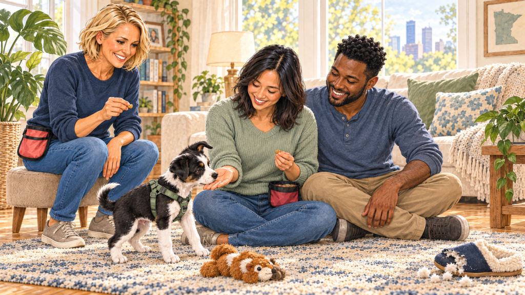 Illustration of a Dog Life Coach helping a couple practice reward-based hand-target training with their young puppy at home.