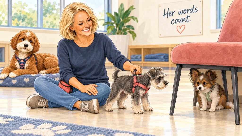 Jody gives a shy Papillon puppy space under a chair while gently keeping a curious schnauzer puppy at a distance; Nala watches nearby.