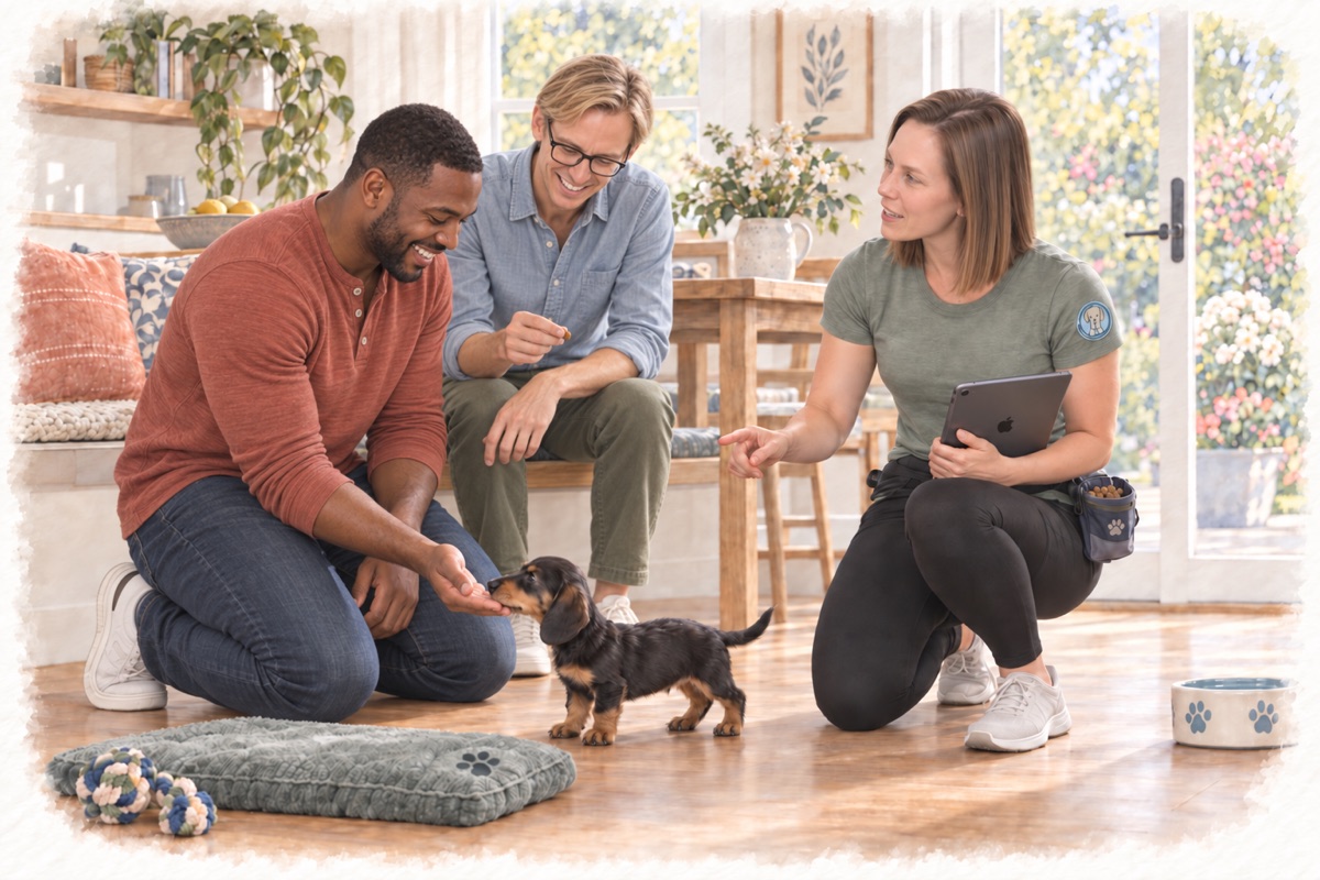 Illustration of Dog Life Coach Ashley guiding a family and their dachshund puppy during in-home training.