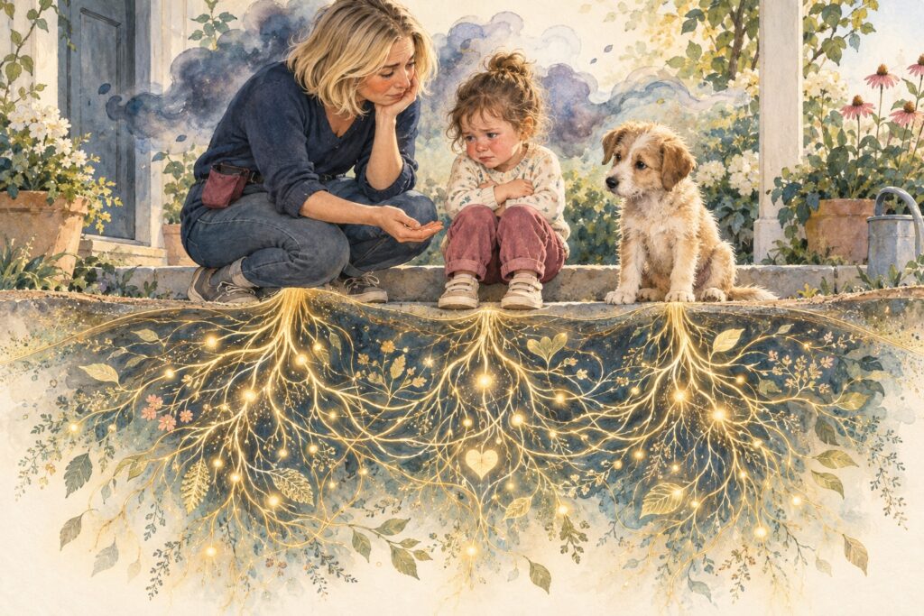 Watercolor of a woman, an upset child and a puppy on a garden step, with glowing, interconnected roots beneath them.